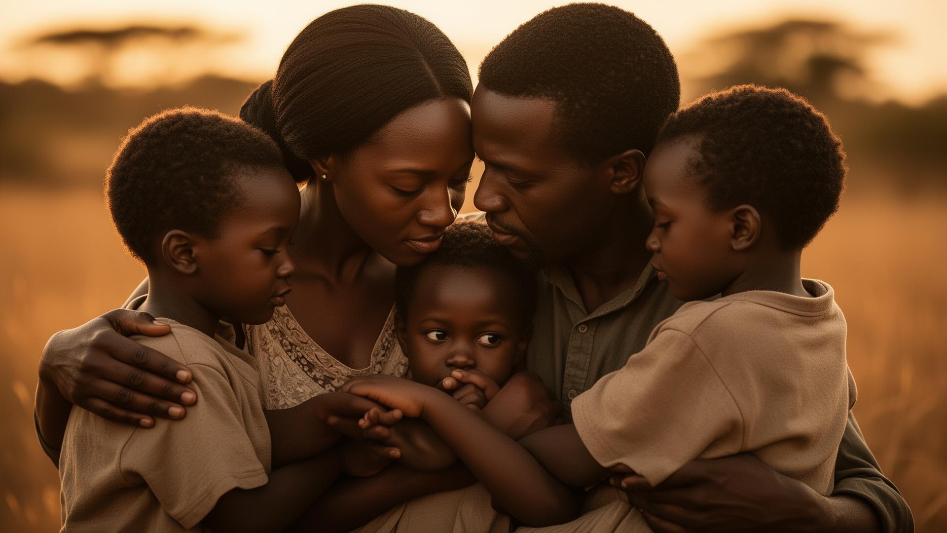 Family in prayer at golden hour